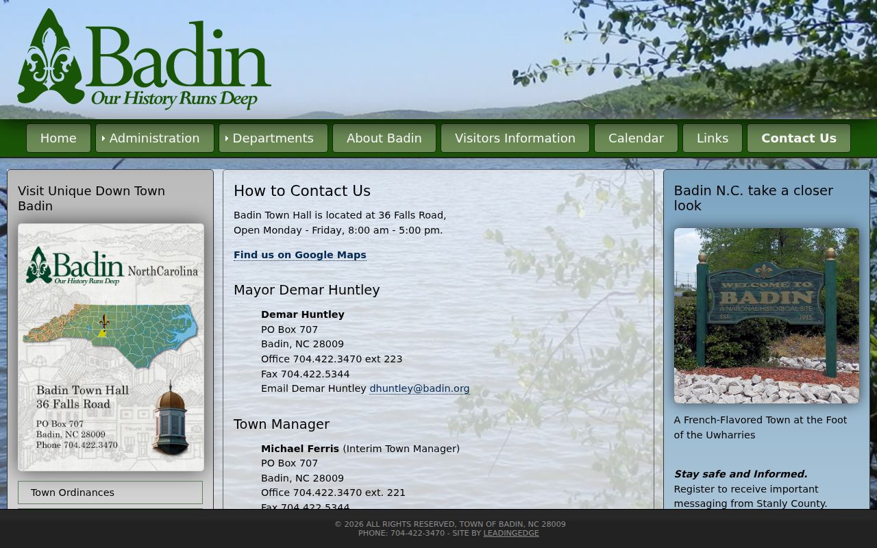 Badin court docket source for Badin Town Hall contact information