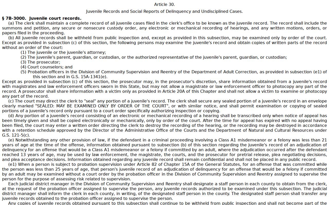 Stanly County criminal docket source on juvenile record confidentiality