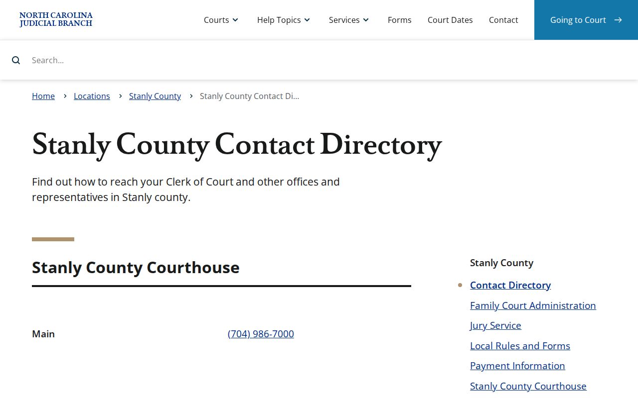 Stanly County court docket source showing the Stanly court contact directory