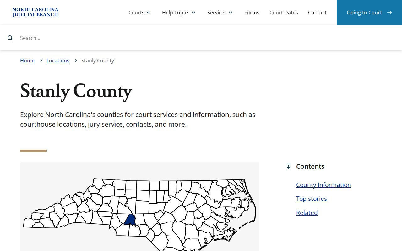 Stanly County court docket source showing the Stanly Judicial Branch location