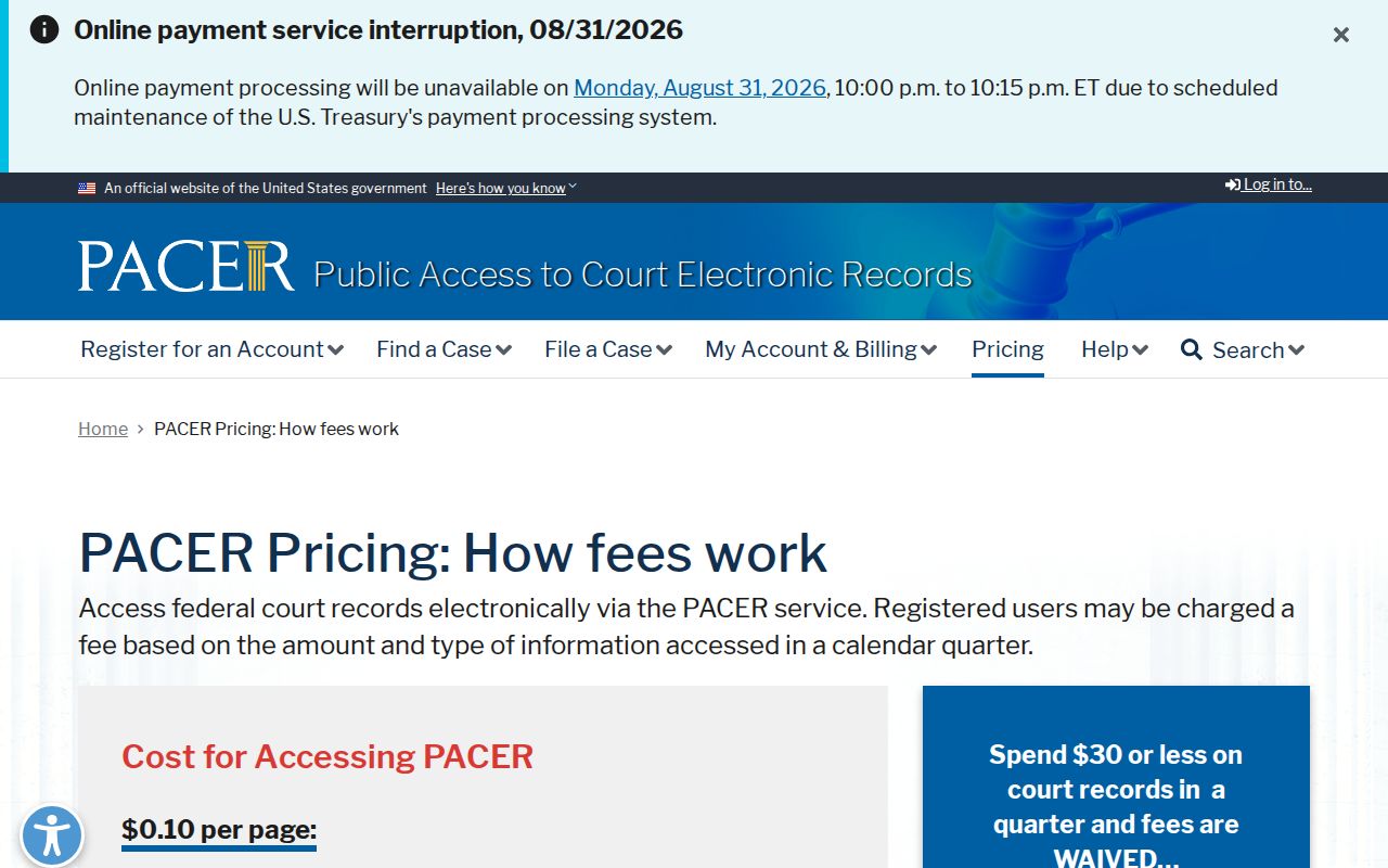 Oakboro court docket source showing PACER pricing information