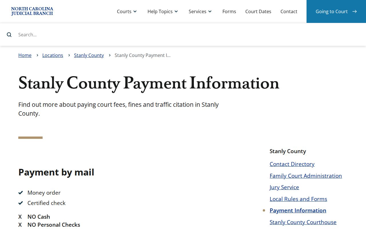 Stanly County traffic court records source showing local payment information